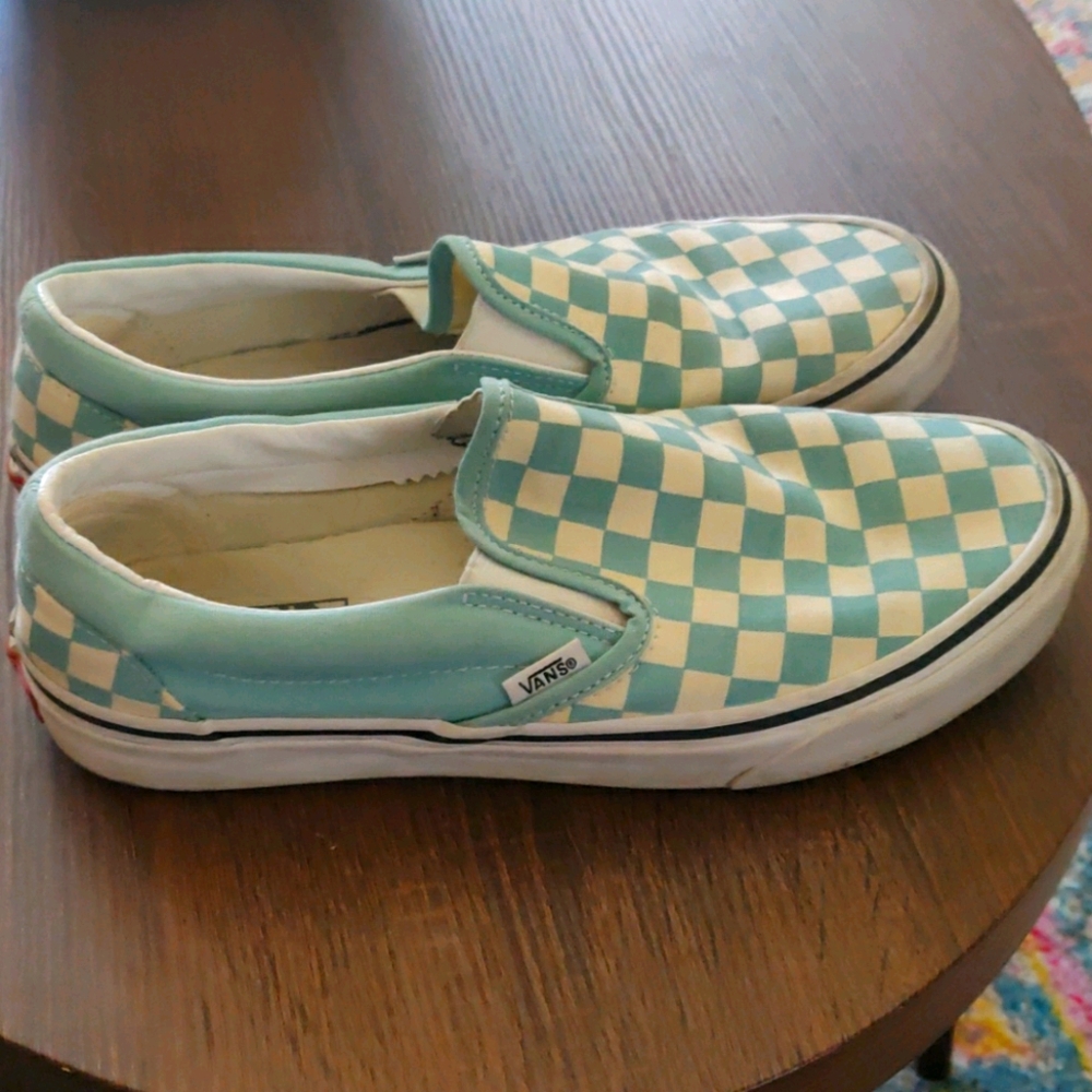 Light blue checker slip on Vans